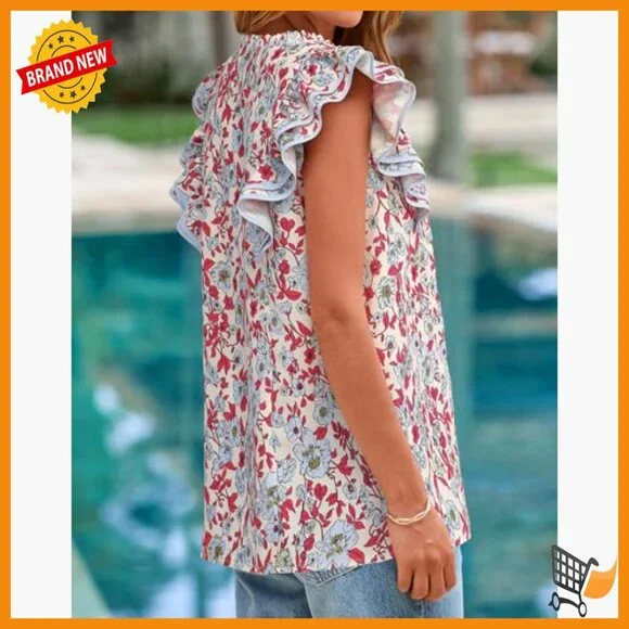 Lightweight Flowy Blouse V-Neck Cap Sleeve Ruffle Details Business Casual - Picture 3 of 7